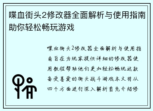 喋血街头2修改器全面解析与使用指南助你轻松畅玩游戏